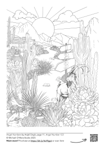 a desert scene colouring page from the Angel Numbers colouring book