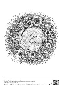 a sleeping fox in a bed of flowers, from the circle of life colouring book by Melpomeni Chatzipanagiotou