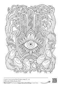 a hand mandala colouring page from the Crystal Colouring book