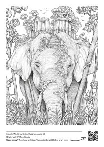 free downloadable colouring page featuring an elephant from Worlds Within Worlds by Kerby Rosanes