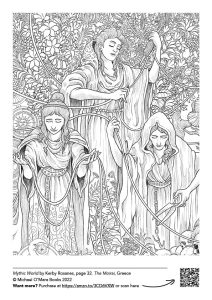 a colouring page of the moirai from Mythic World by Kerby Rosanes