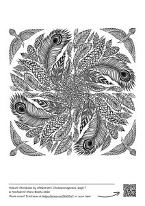 a peacock feather, mandala colouring page from the Nature Mandalas colouring book