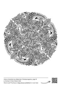 An intricate adult colouring mandala featuring exotic birds
